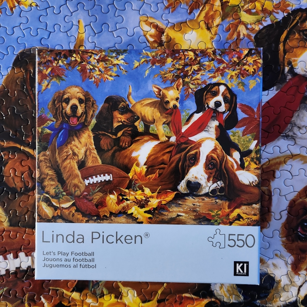 LINDA PICKEN LET'S PLAY FOOTBALL DOGS JIGSAW PUZZLE  550-PIECE COMPLETE W/POSTER